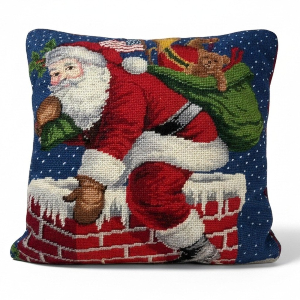 Vintage Needlepoint Throw Pillow Traditional Santa Sack Toys‎ Flag Rooftop Snow